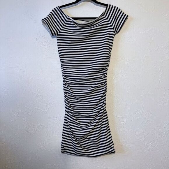 Boden Navy Blue White Striped Ruched Dress size 4 - Picture 2 of 6